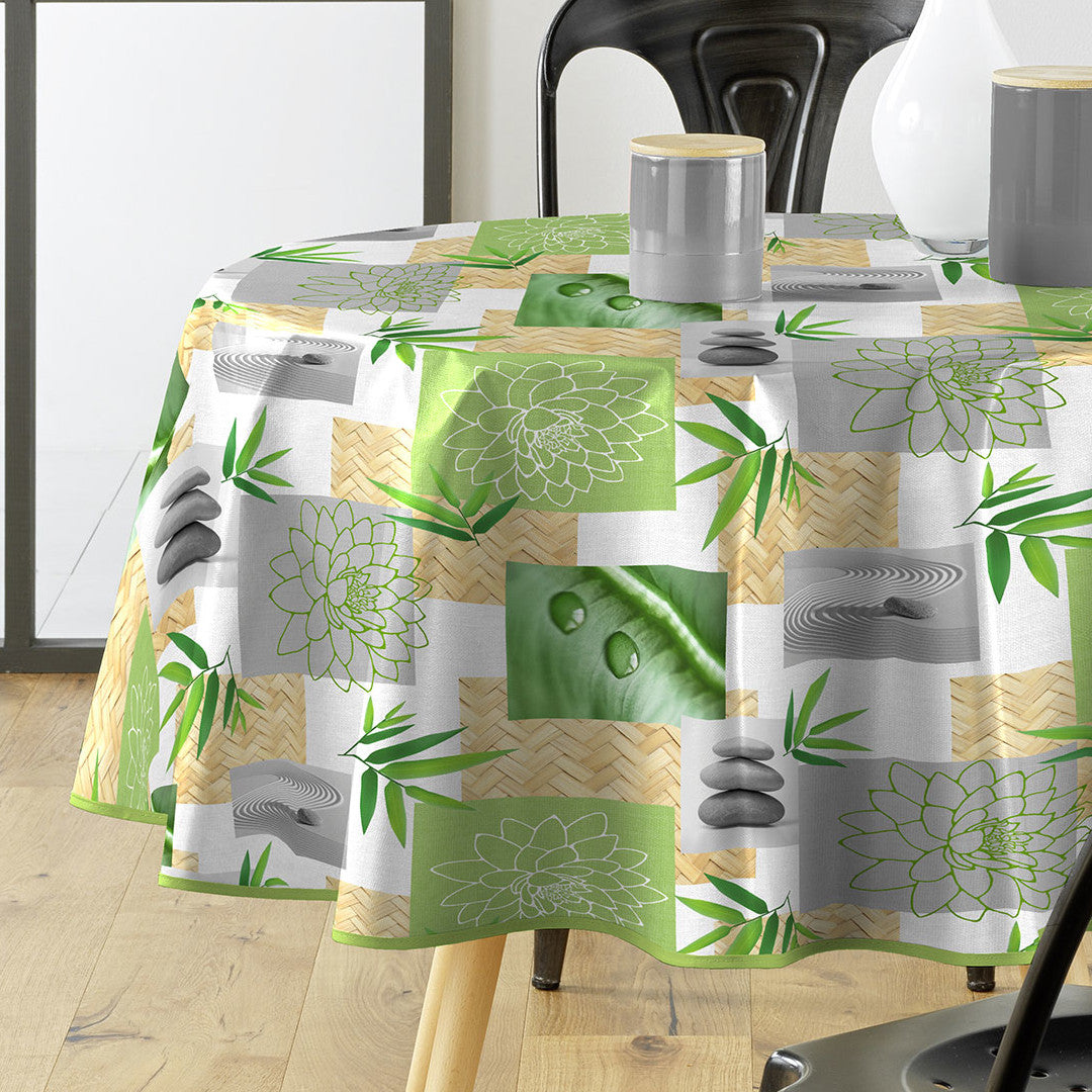 Almeria - Runde Wachstuch-Tischdecke mit grünen Zen-Motiven, Ø 155 cm