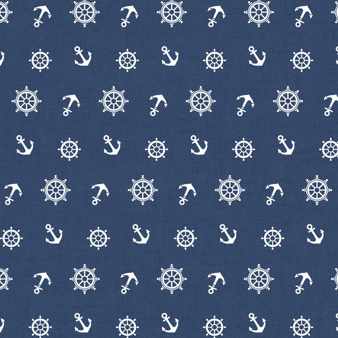 Ancora Maritim – Abwaschbare Tischdecke in Dunkelblau mit Ankern und Schiffsradmuster, Muster