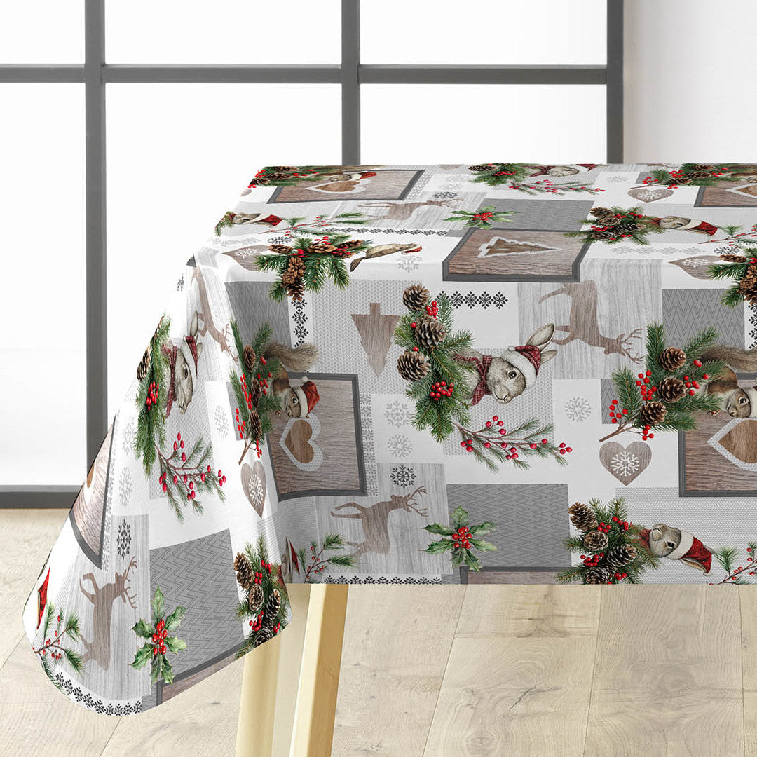 Ansel – Wachstuch Tischdecke für Weihnachten mit Rentier und Kaninchen in Winterlandschaft, Ecke