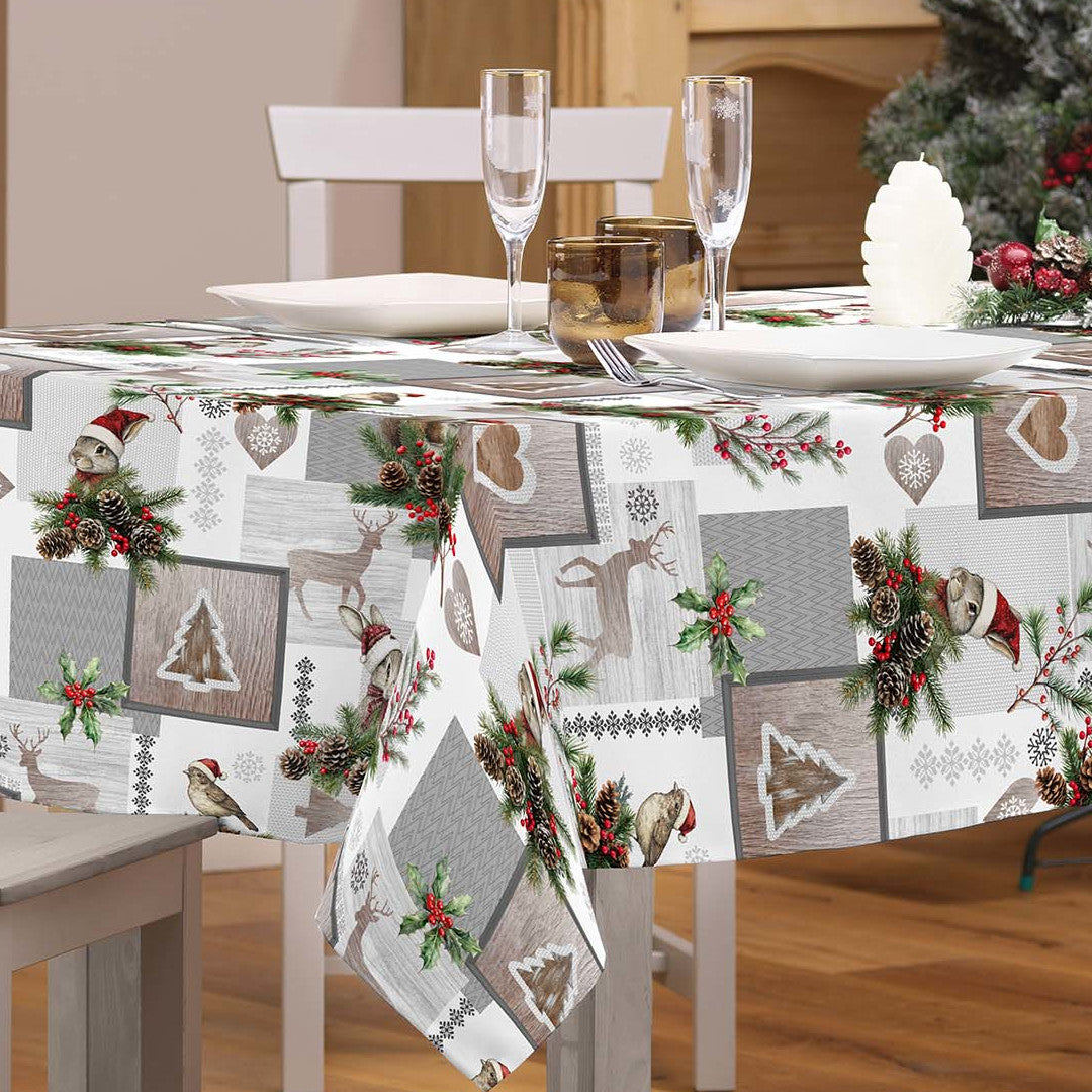 Ansel – Wachstuch Tischdecke für Weihnachten mit Rentier und Kaninchen in Winterlandschaft, Ecke 2