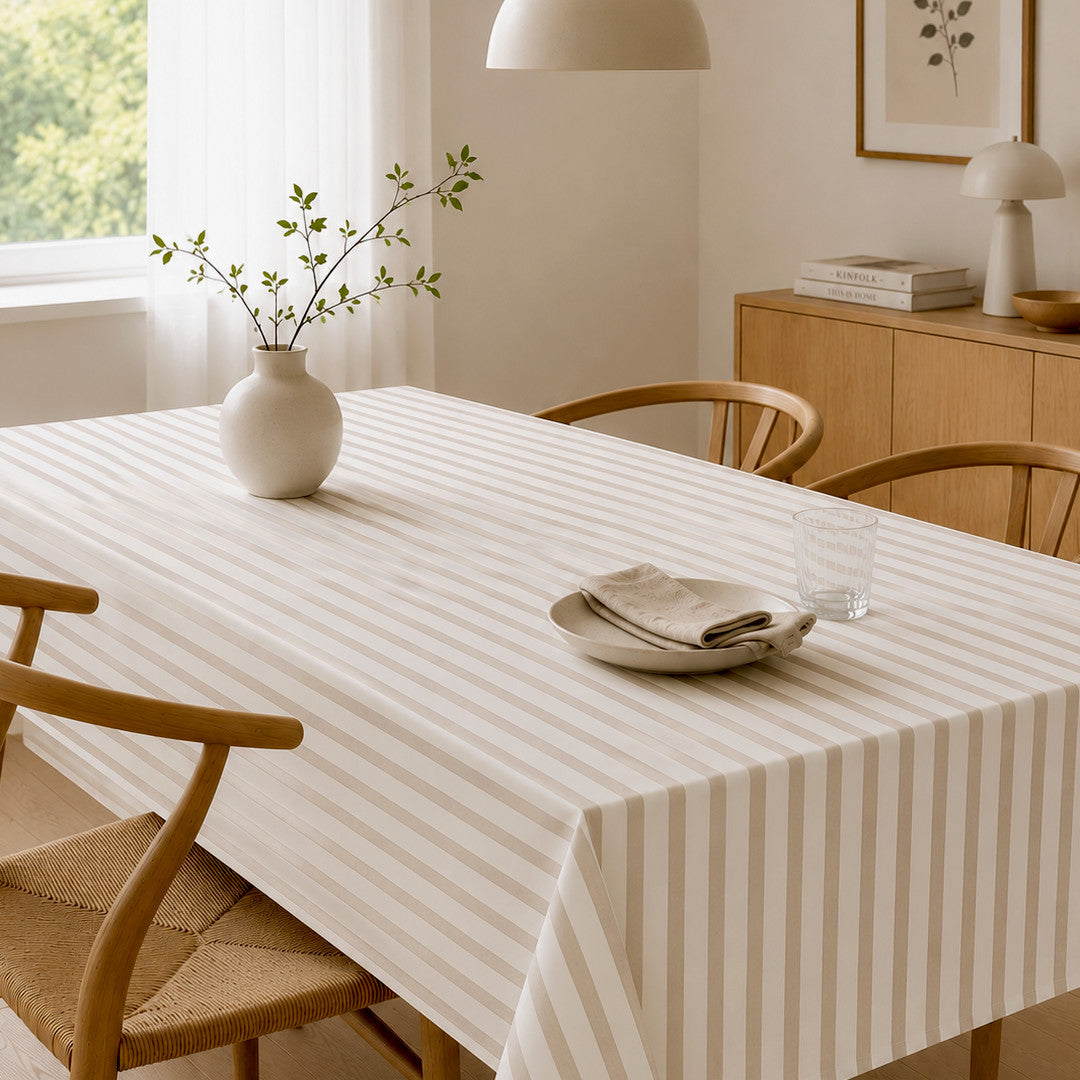 Aria Beige/Offwhite - Wachstuch Tischdecke mit Streifen in Leinenoptik, Wohnzimmerambiente
