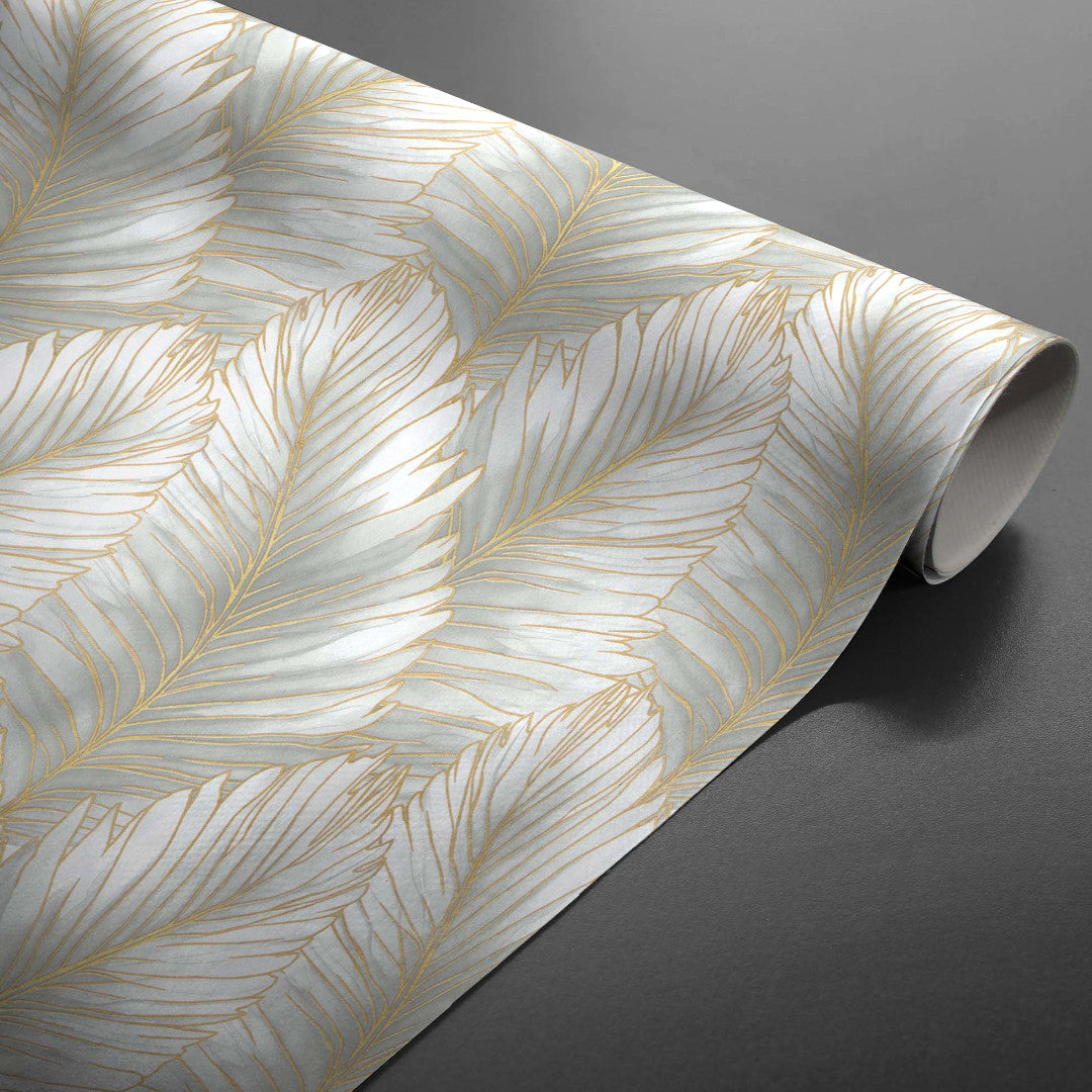 Betty Golden Palm – elegante Wachstuch Tischdecke mit goldenen Palmblättern, aufgerollt