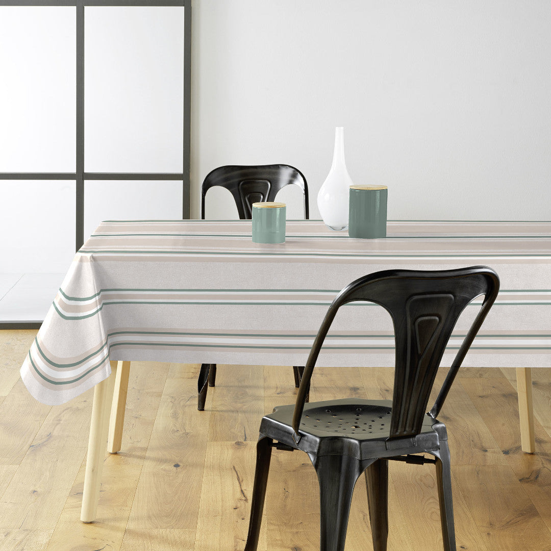 Biarritz Sauge – gestreifte Wachstuch Tischdecke mit glatter Leinenoptik, Ambiente