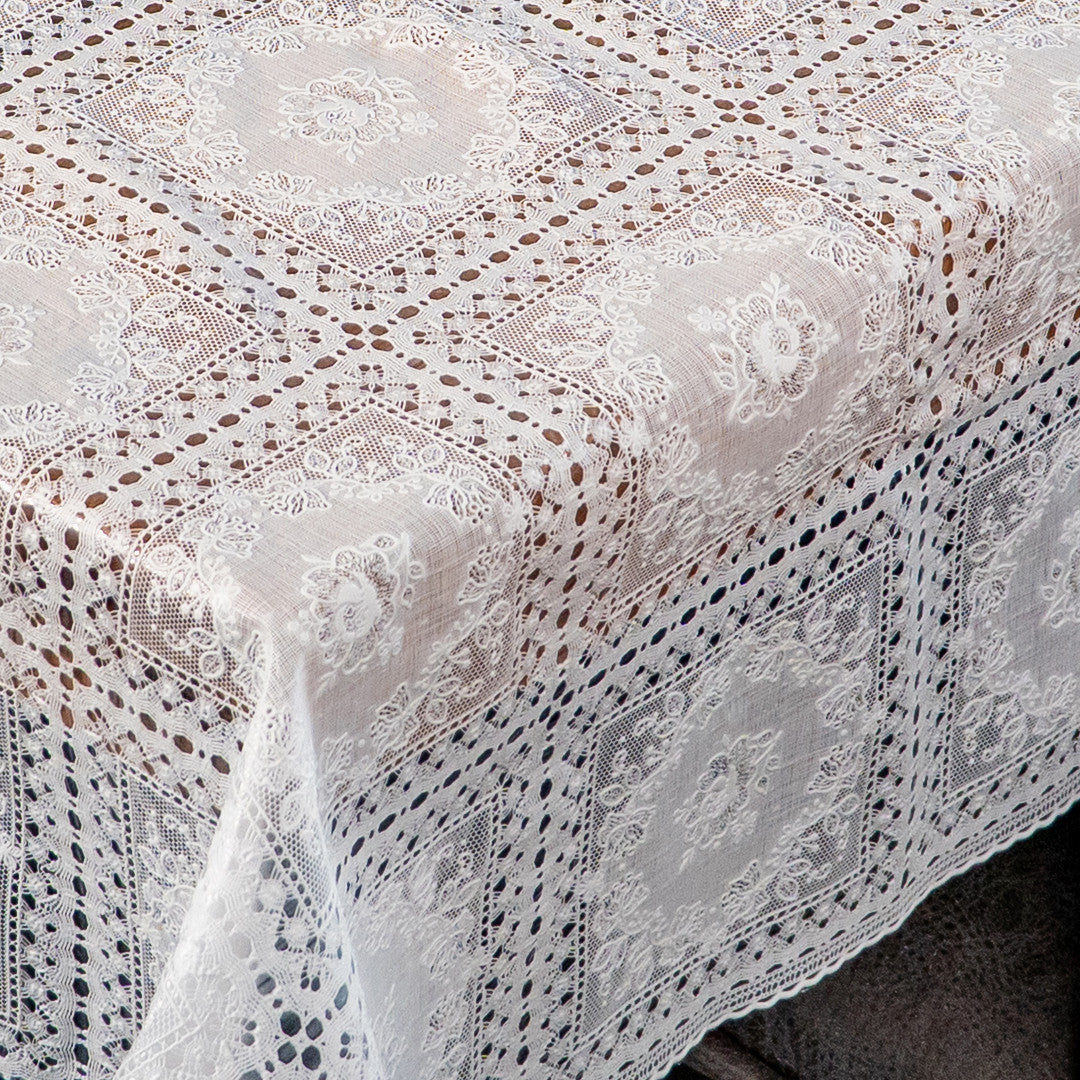 Camille Lace Weiß – Klassisch weiße Wachstuch Tischdecke in Spitzenoptik, Ecke