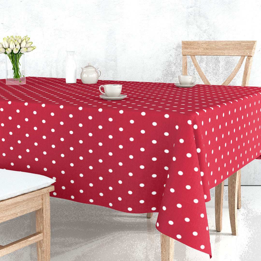 Classic Dot Rot - Wachstuch Tischdecke mit weißen Punkten