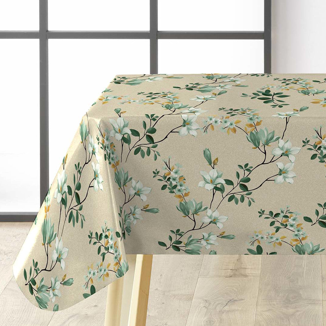 Clematite Vert – florale Wachstuch Tischdecke mit meliertem Grund in warmen Tönen, Ecke