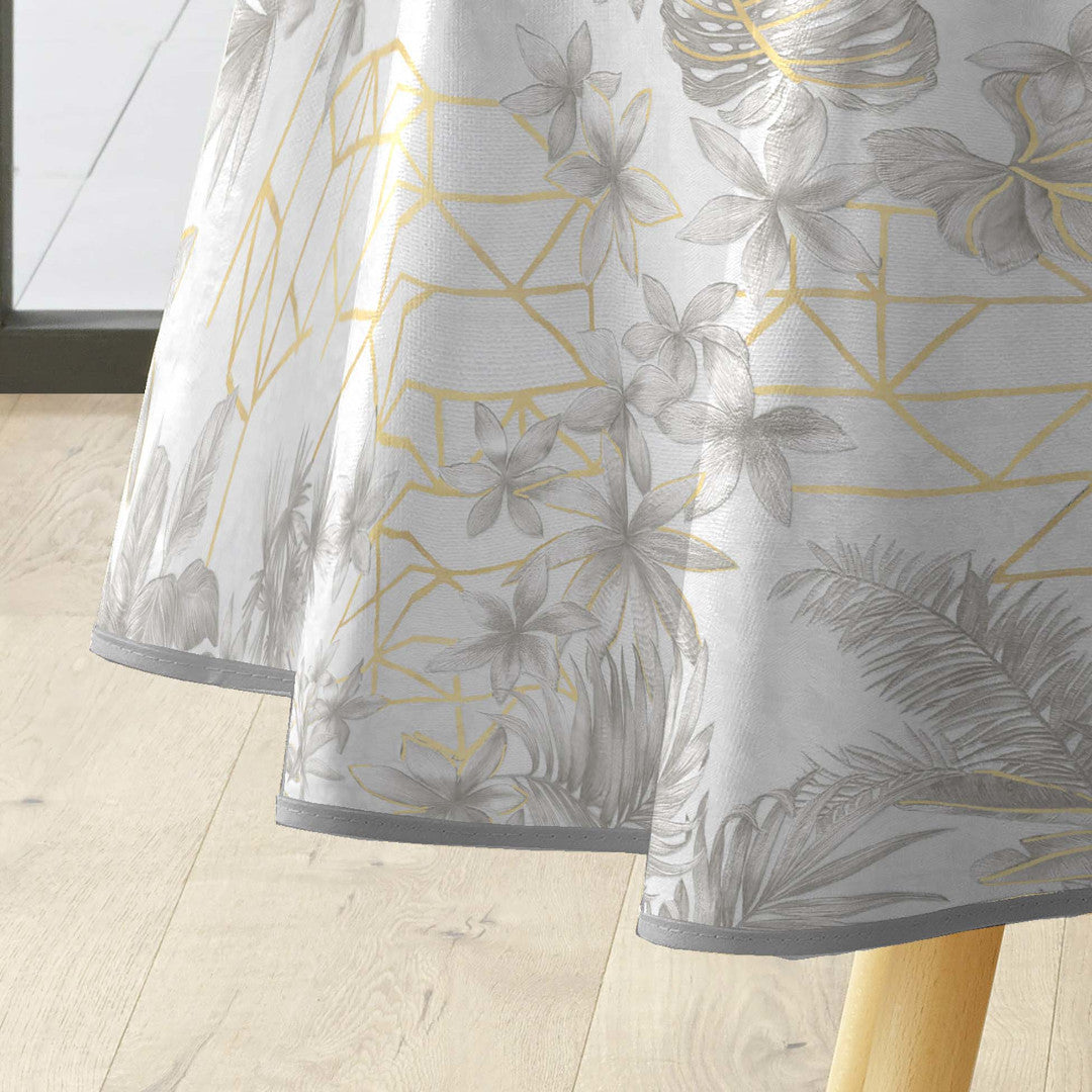 Coconut Metallic - Runde Wachstuch-Tischdecke in Grau mit Golddetails, Ø 155 cm, Kantenband