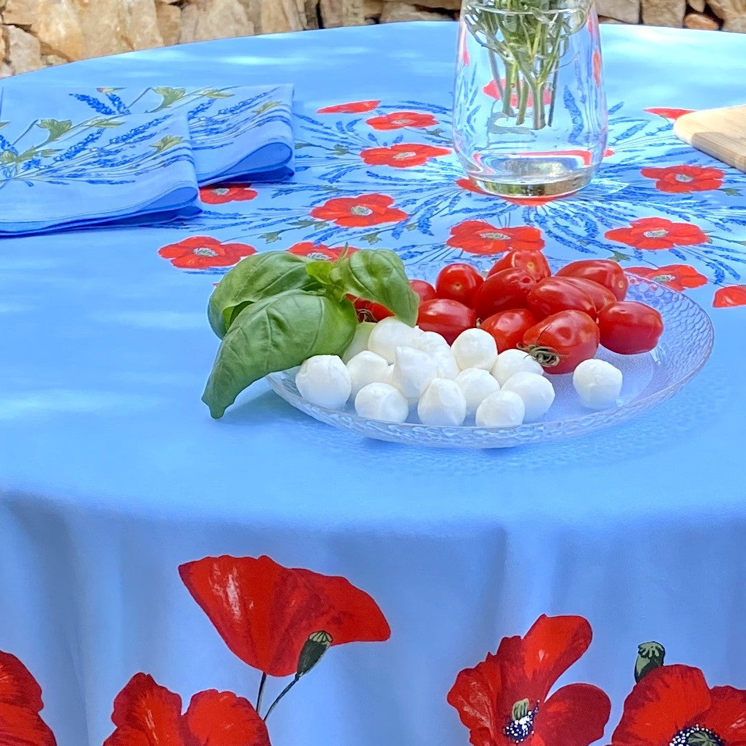 Coquelicot Blau - Runde Provence-Tischdecke Ø 180 cm, Nahaufnahme 1