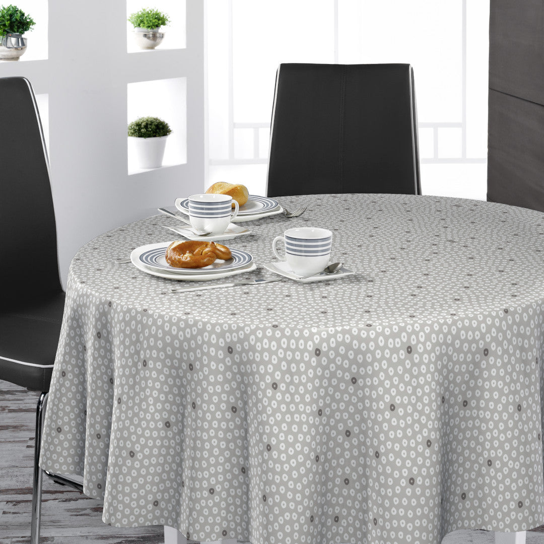 Dotti Earl Grey – Runde Wachstuch-Tischdecke mit grafischem Punktmuster, 160 cm breit