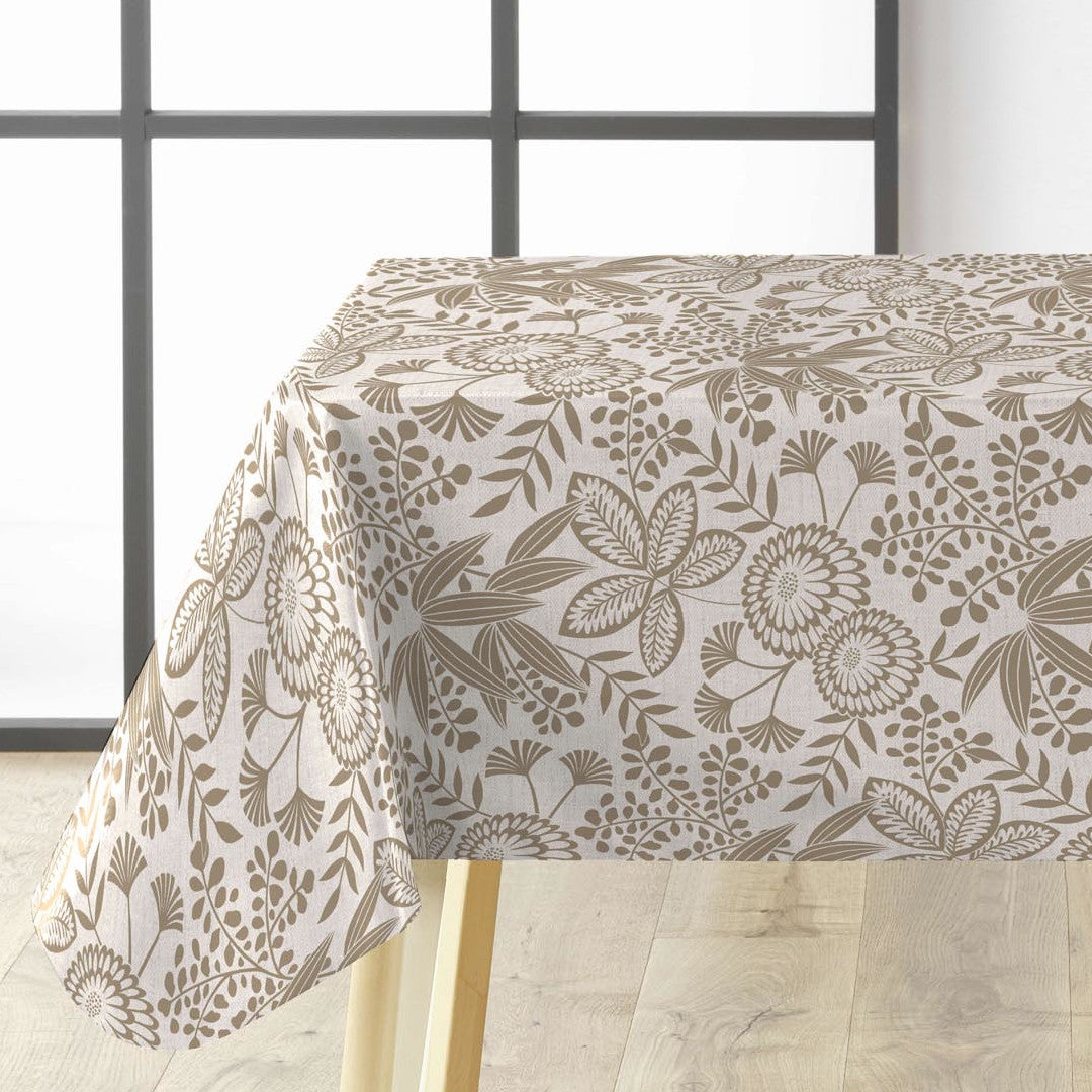 Fleuria Beige – Wachstuch Tischdecke mit botanischem Muster in warmem Beige