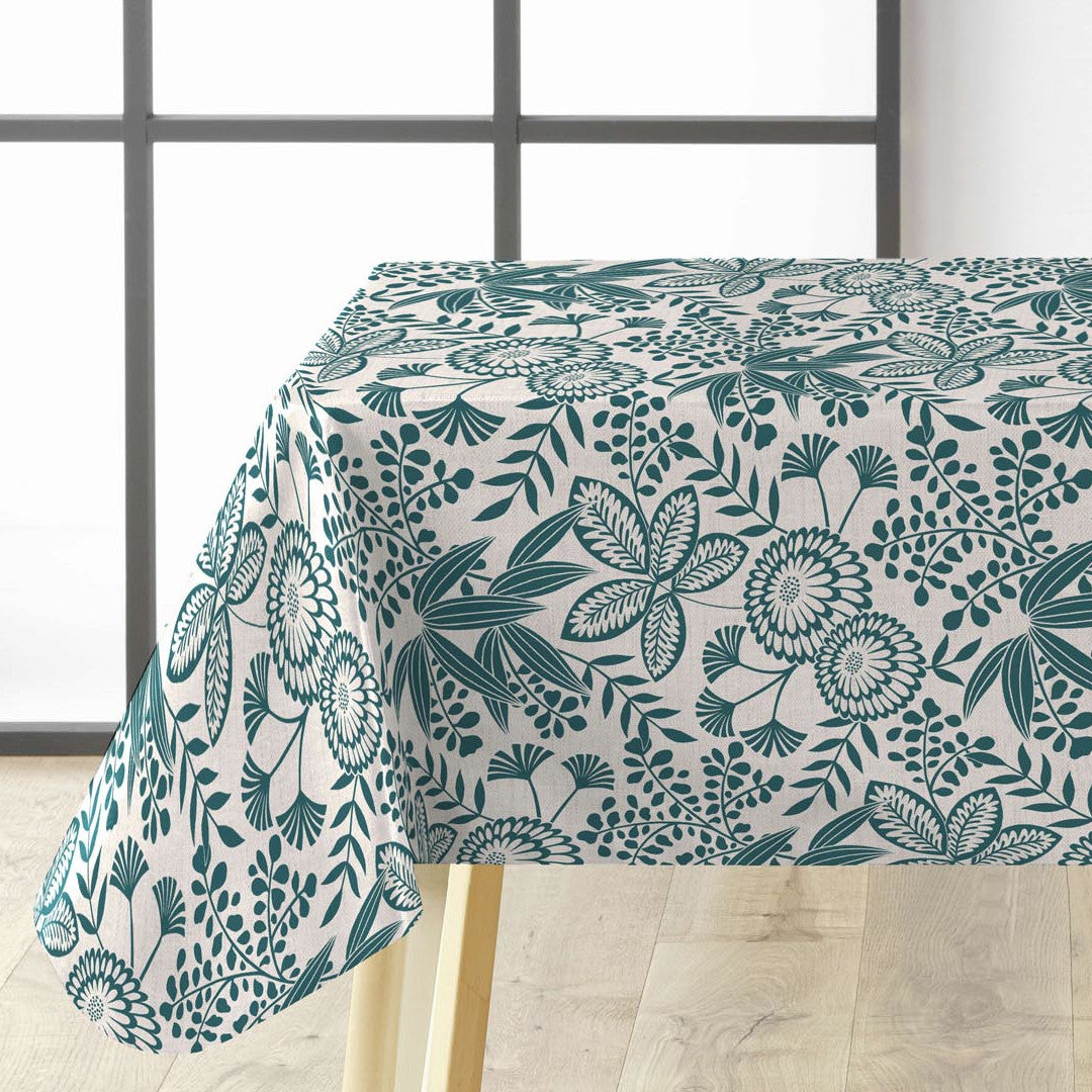 Fleuria Emerald Green - Wachstuch Tischdecke mit botanischem Muster in gedecktem Blaugrün