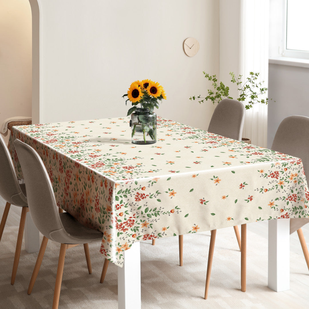 Flora Sand – Geprägte Wachstuch Tischdecke mit Blumenbordüre, Ambiente 2