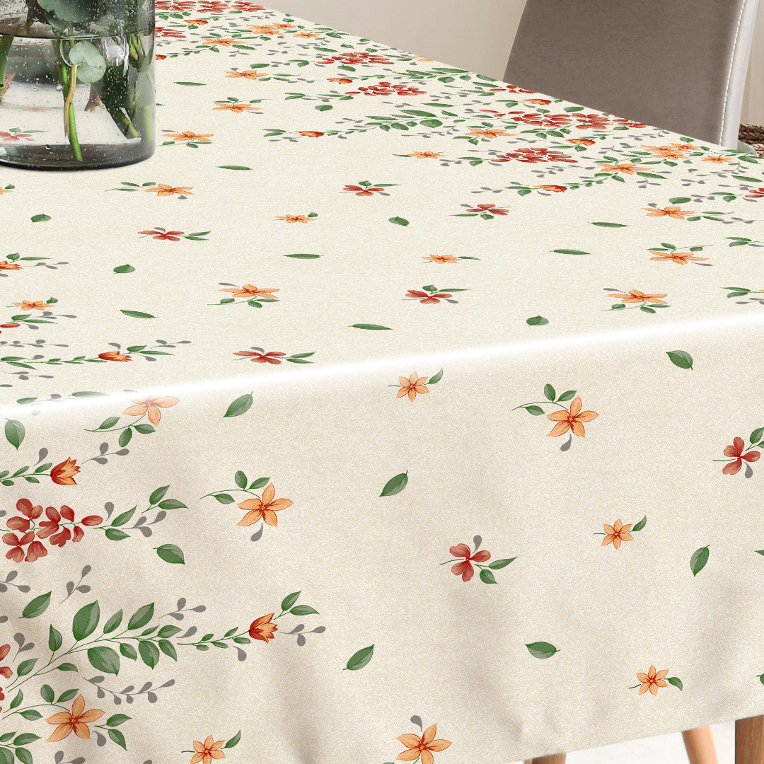 Flora Sand – Geprägte Wachstuch Tischdecke mit Blumenbordüre, Muster