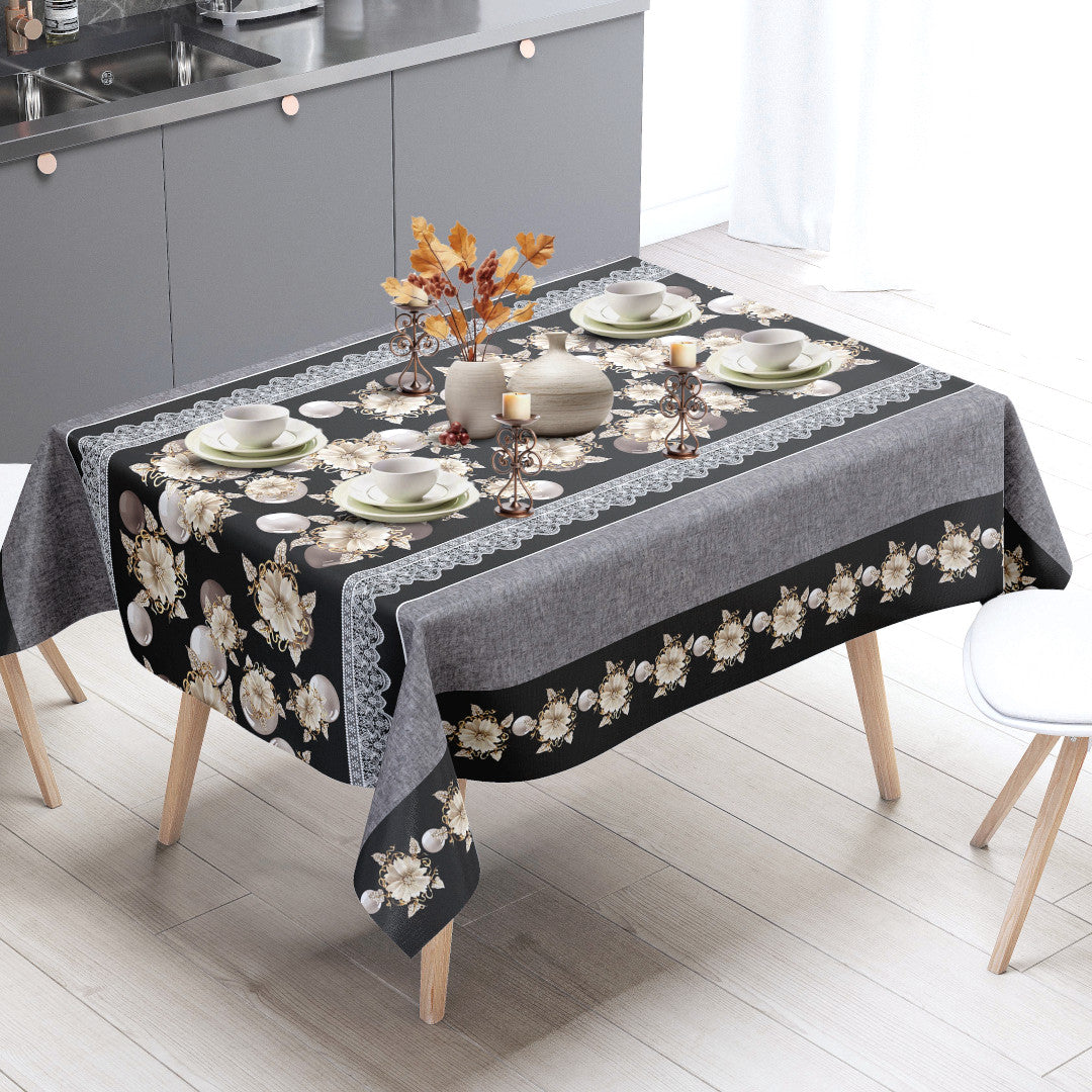 Floria Schwarz – Dekorative Wachstuch Tischdecke mit Blumenbordüre, Ambiente