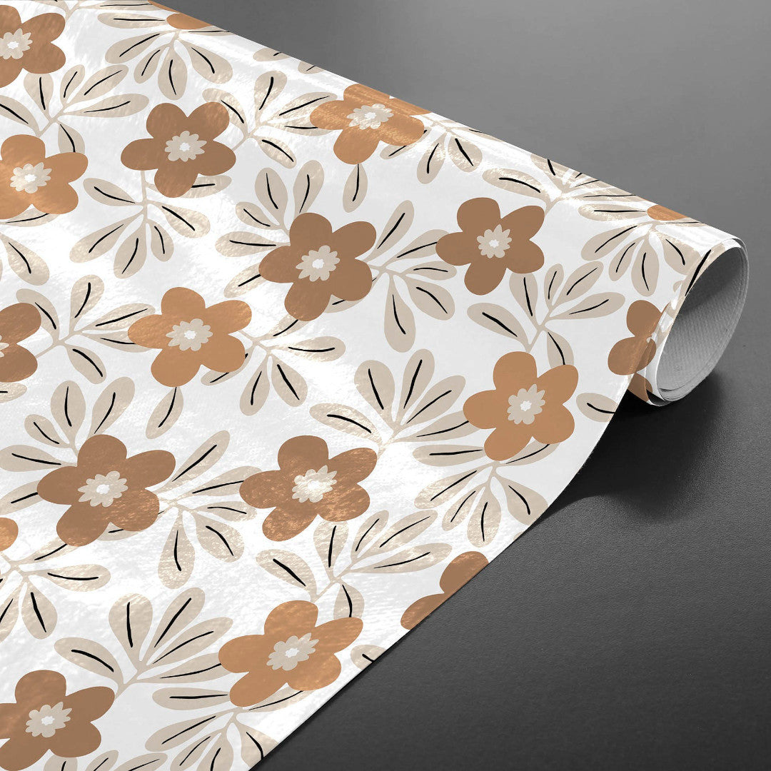 Flory Ochre - Wachstuch Tischdecke mit Blumen in warmen Ockernuancen, aufgerollt
