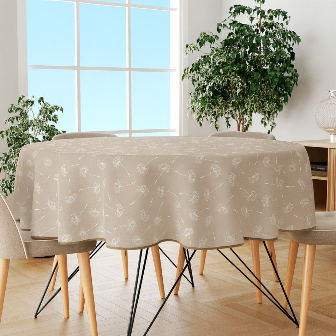 Frøvik Beige – Runde Wachstuch-Tischdecke mit Kantenband Ø 180 cm, Ambiente