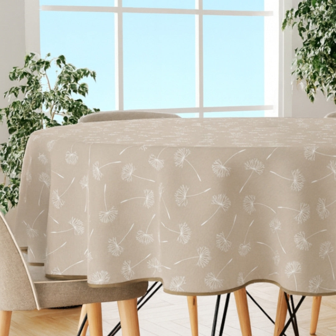 Frøvik Beige – Runde Wachstuch-Tischdecke mit Kantenband Ø 180 cm, Nahaufnahme