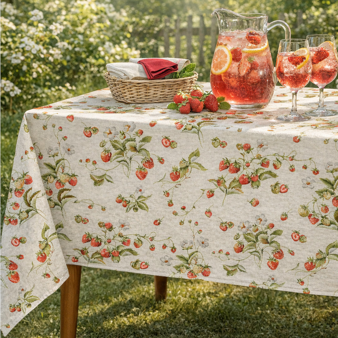 Fragole d’Estate – Abwaschbare Tischdecke in Leinenoptik mit Erdbeeren, Gartenambiente 1