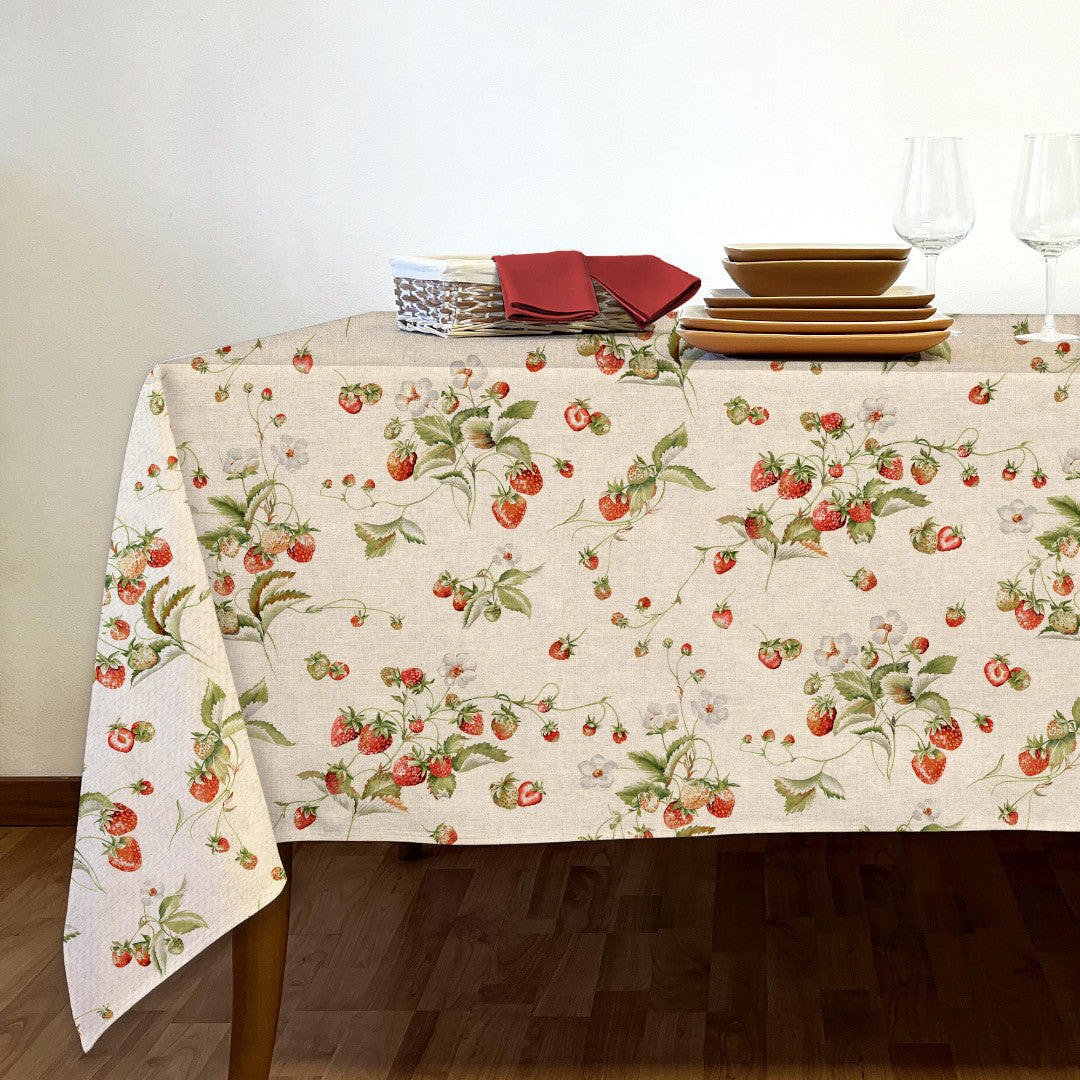 Fragole d’Estate – Abwaschbare Tischdecke in Leinenoptik mit Erdbeeren, Ambiente