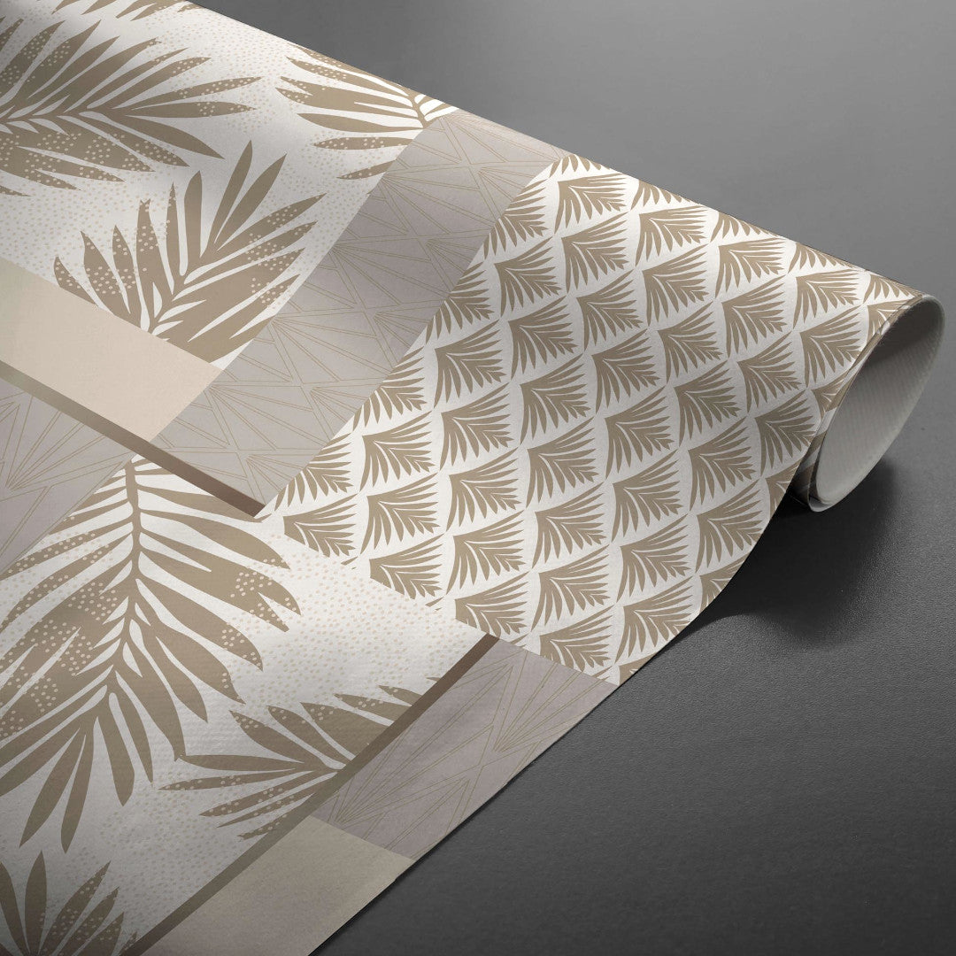 Ginger Luxury Naturel – Wachstuch Tischdecke mit botanischem Patchworkmuster, Ecke, aufgerollt