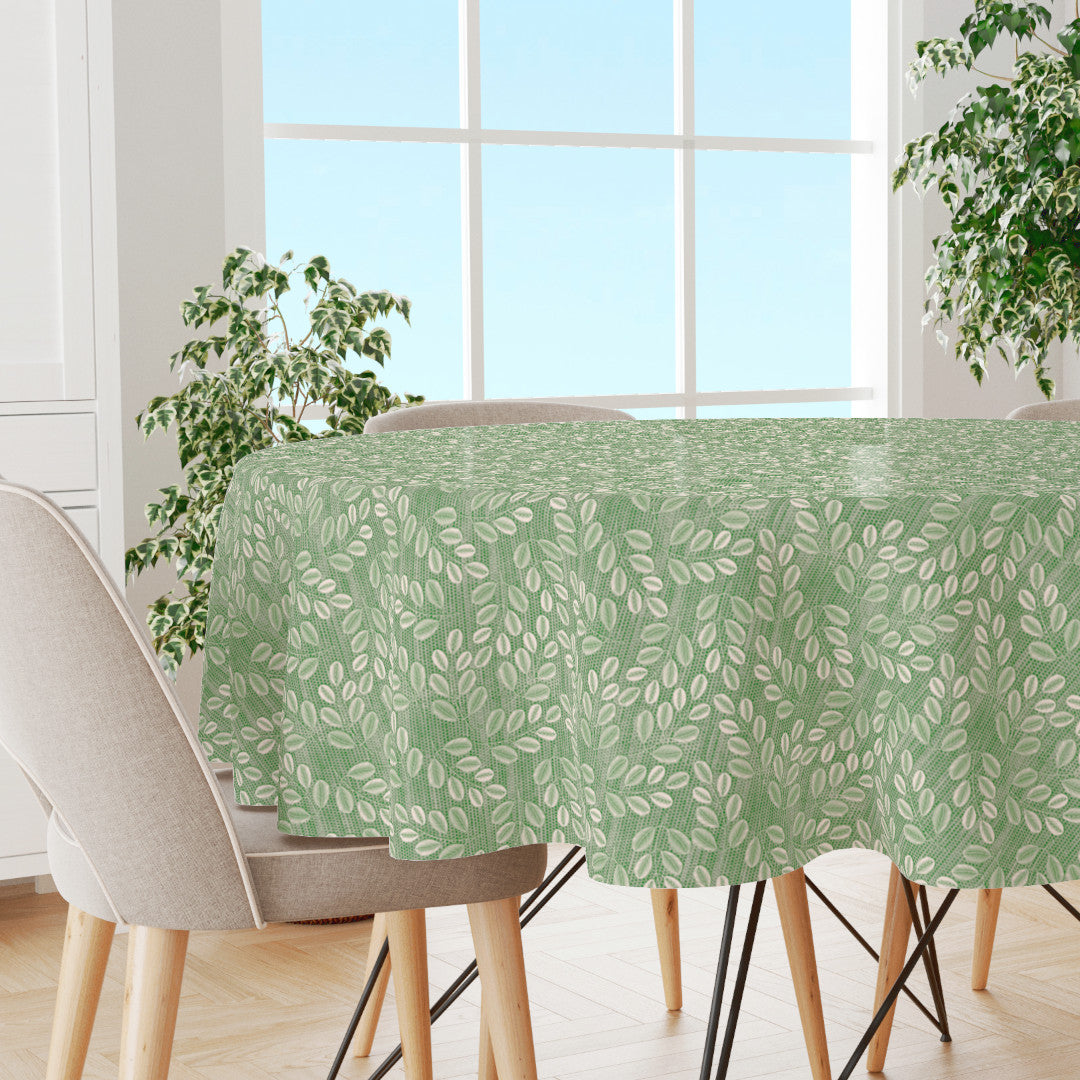 Hessian Leaf Grün – Runde Wachstuch Tischdecke, rund, leicht geprägt, mit Blattmuster, Ambiente