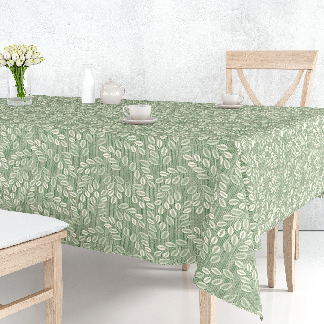 Hessian Leaf Grün – leicht geprägte Wachstuch Tischdecke mit Blattmuster