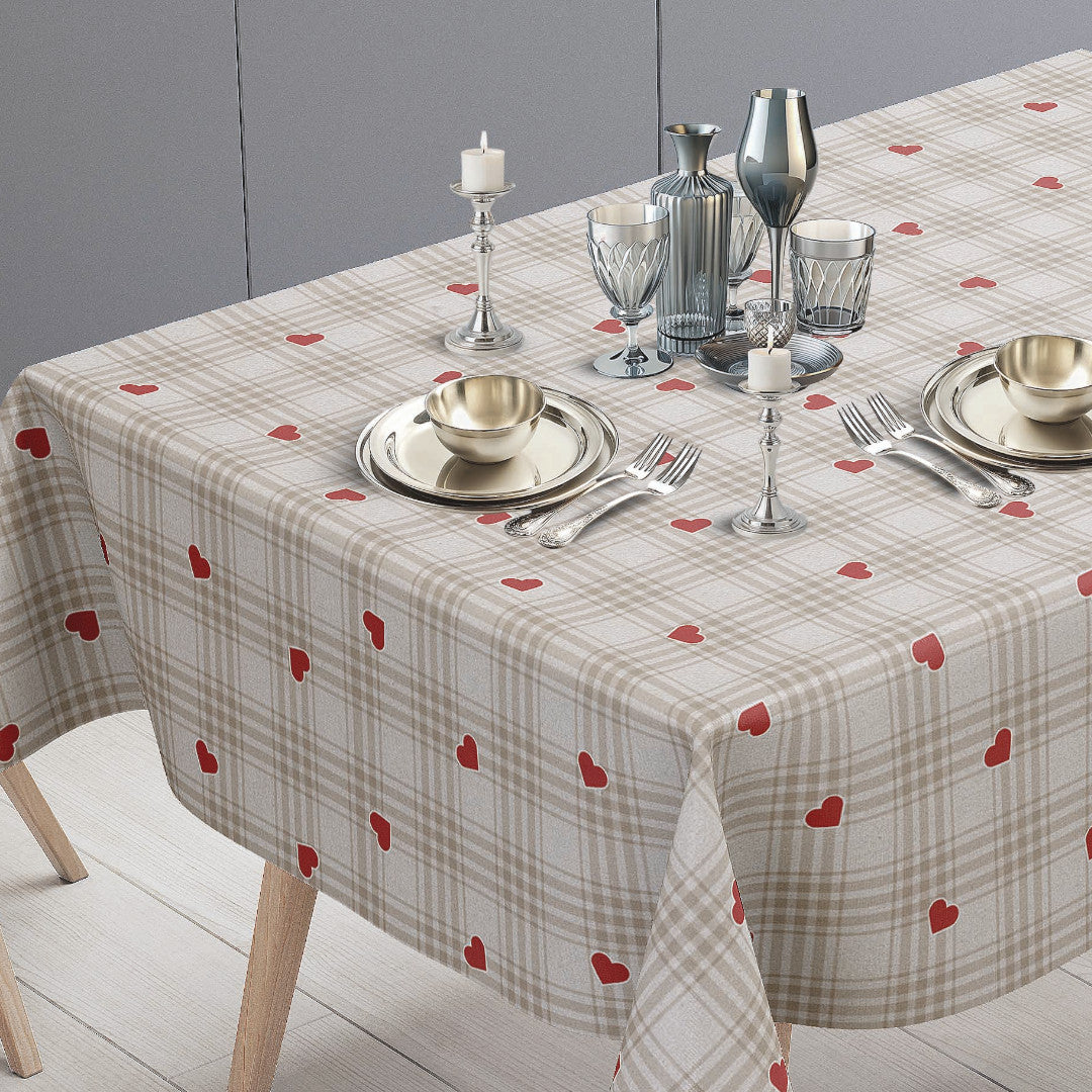 Hjertetern – beige Wachstuch Tischdecke mit Karos und roten Herzen, Tischende