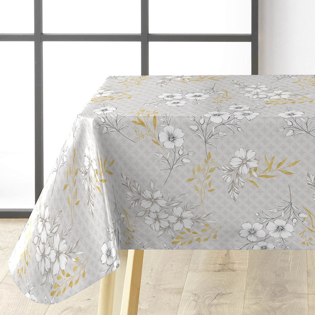 Hortense - Wachstuch Tischdecke mit floralem Muster in goldenen und neutralen Tönen, Ecke