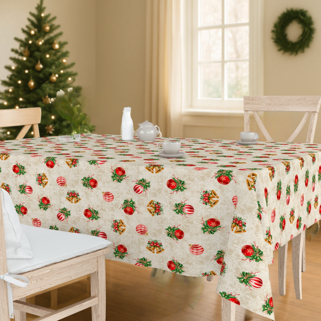 Juleklokke – Abwaschbare Weihnachtstischdecke mit Weihnachtskugeln, Ambiente