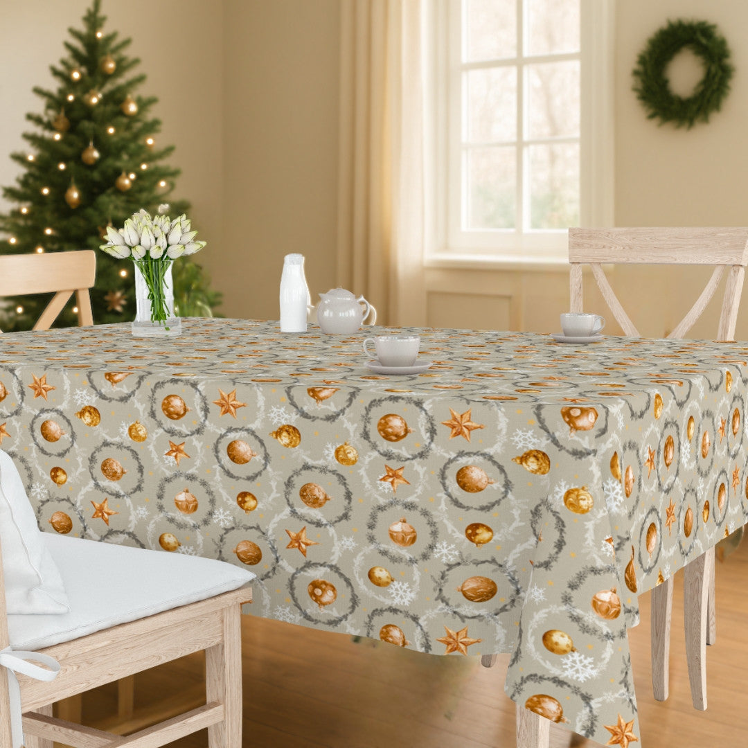 Julekugler & Kranse – beige Wachstuch Tischdecke für Weihnachten