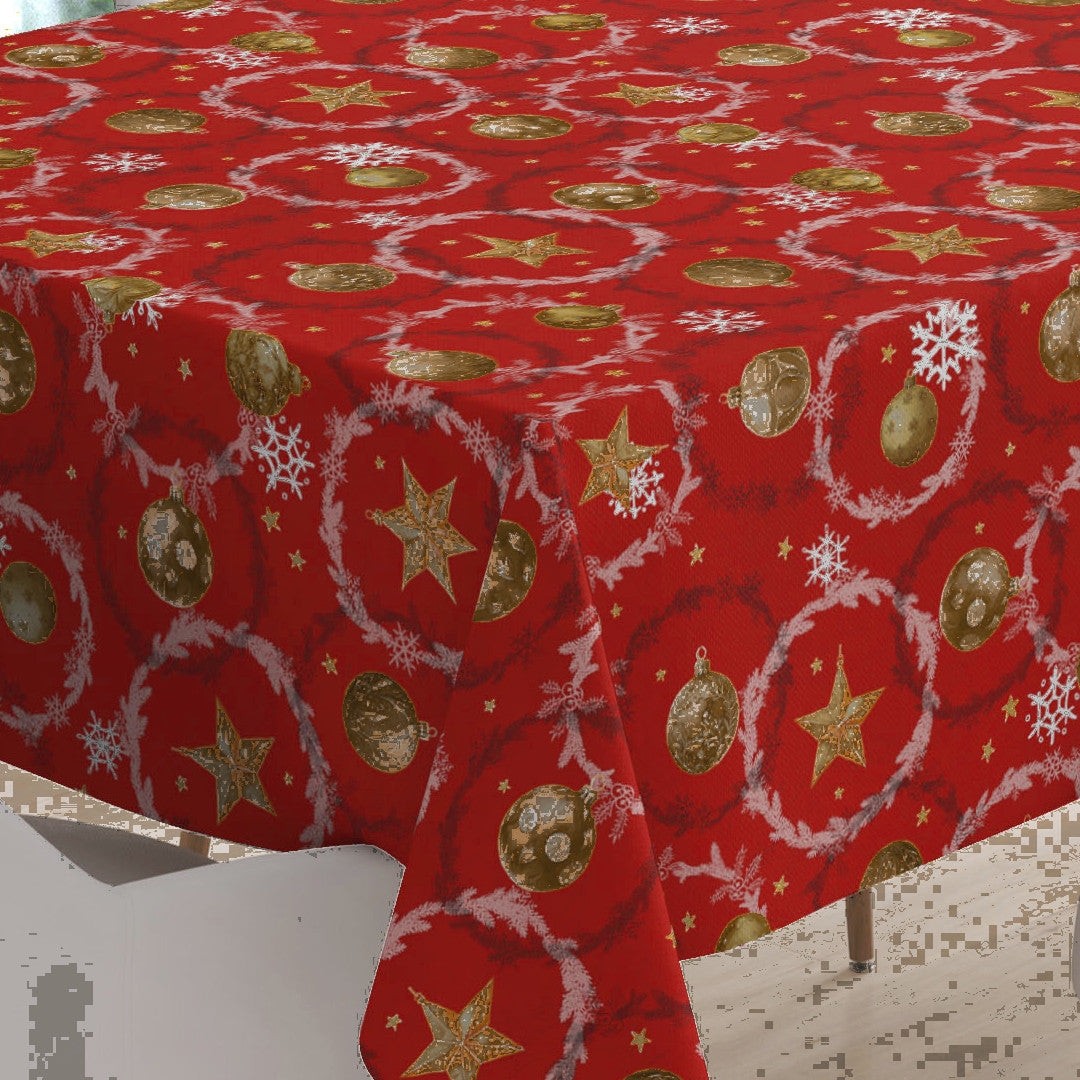 Weihnachtskugeln & Kränze – rote Wachstuch Tischdecke für Weihnachten, Ecke