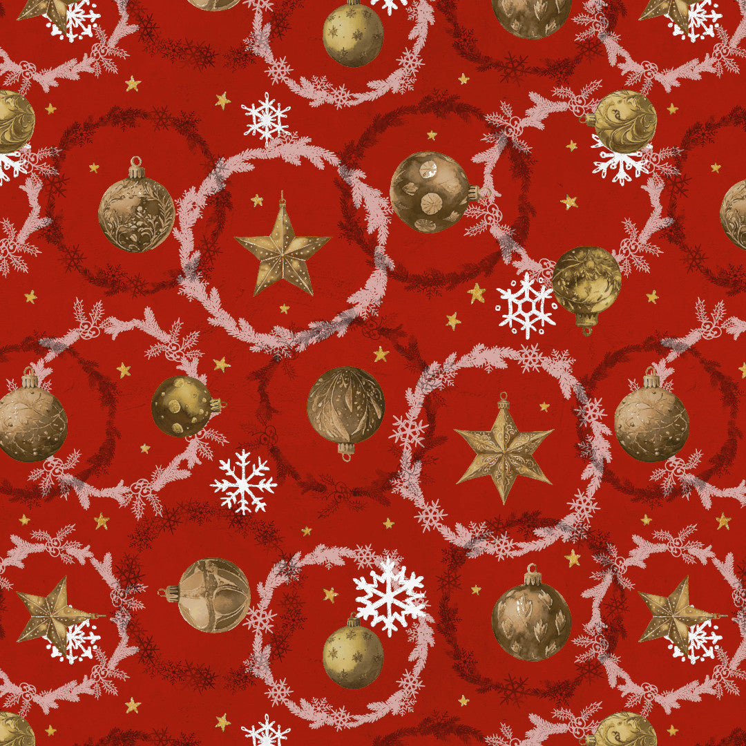 Weihnachtskugeln & Kränze – rote Wachstuch Tischdecke für Weihnachten, Muster