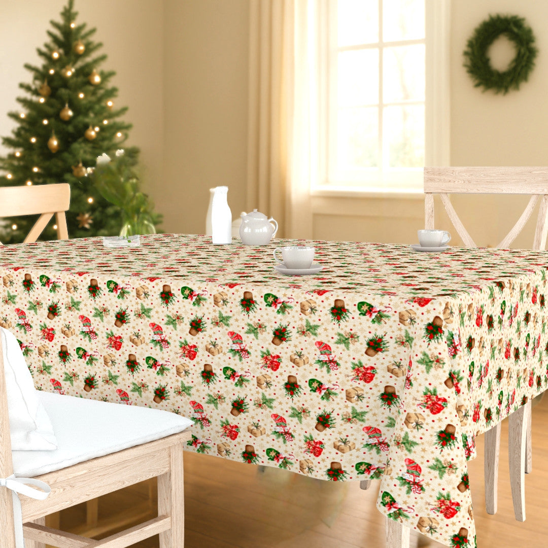 Weihnachtsstrumpf & Geschenkfreude â abwaschbare Weihnachtstischdecke mit klassischen Weihnachtsmotiven, Ambiente