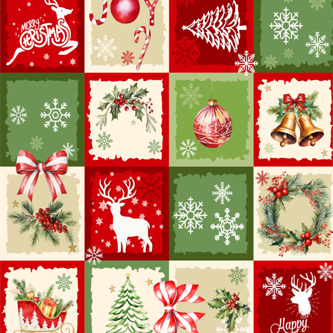 Wachstuch Tischdecke für Weihnachten – rotes & grünes Patchwork mit klassischen Motiven, Muster