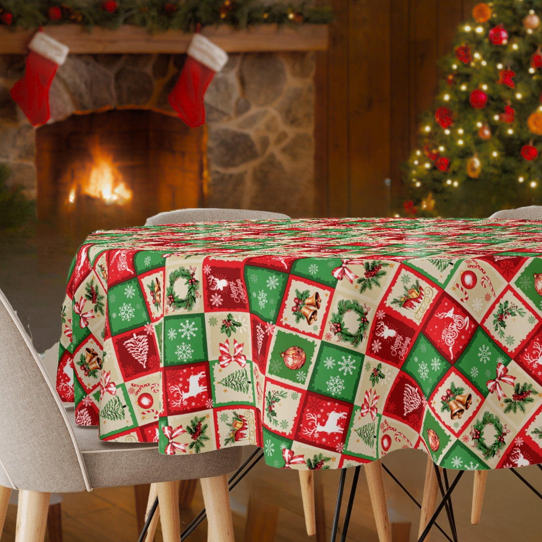 Wachstuch Tischdecke für Weihnachten – rotes & grünes Patchwork mit klassischen Motiven