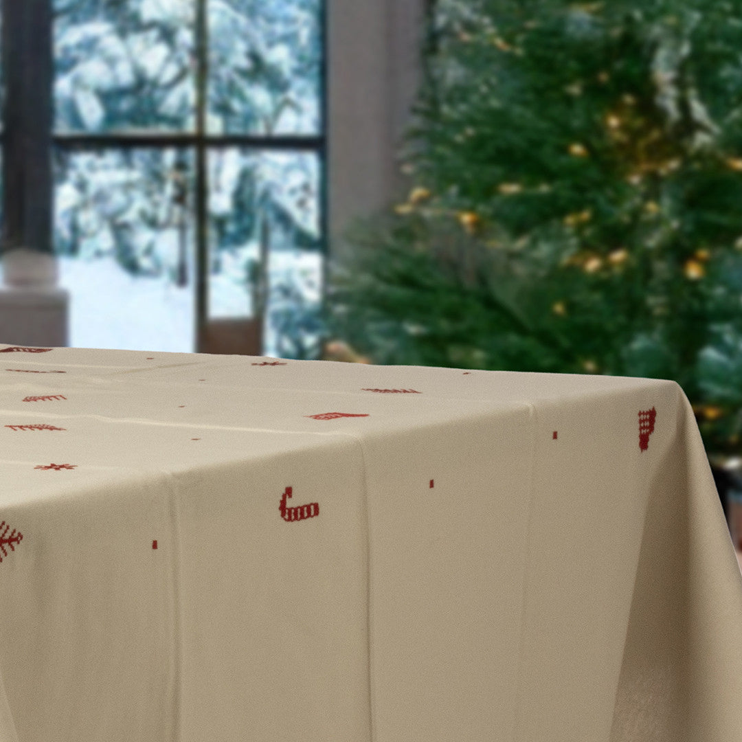 Julia Rot - Bestickte Weihnachtstischdecke, 100% Baumwolle - 140 x 270 cm, Tischende