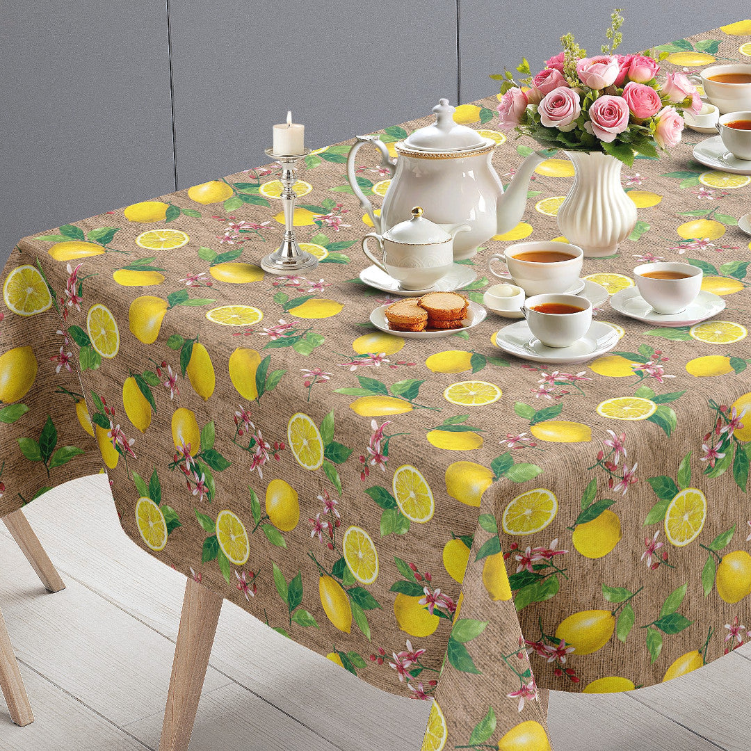 Limonata – Wachstuch Tischdecke in Beige mit Zitronen und Juteoptik, Tischende