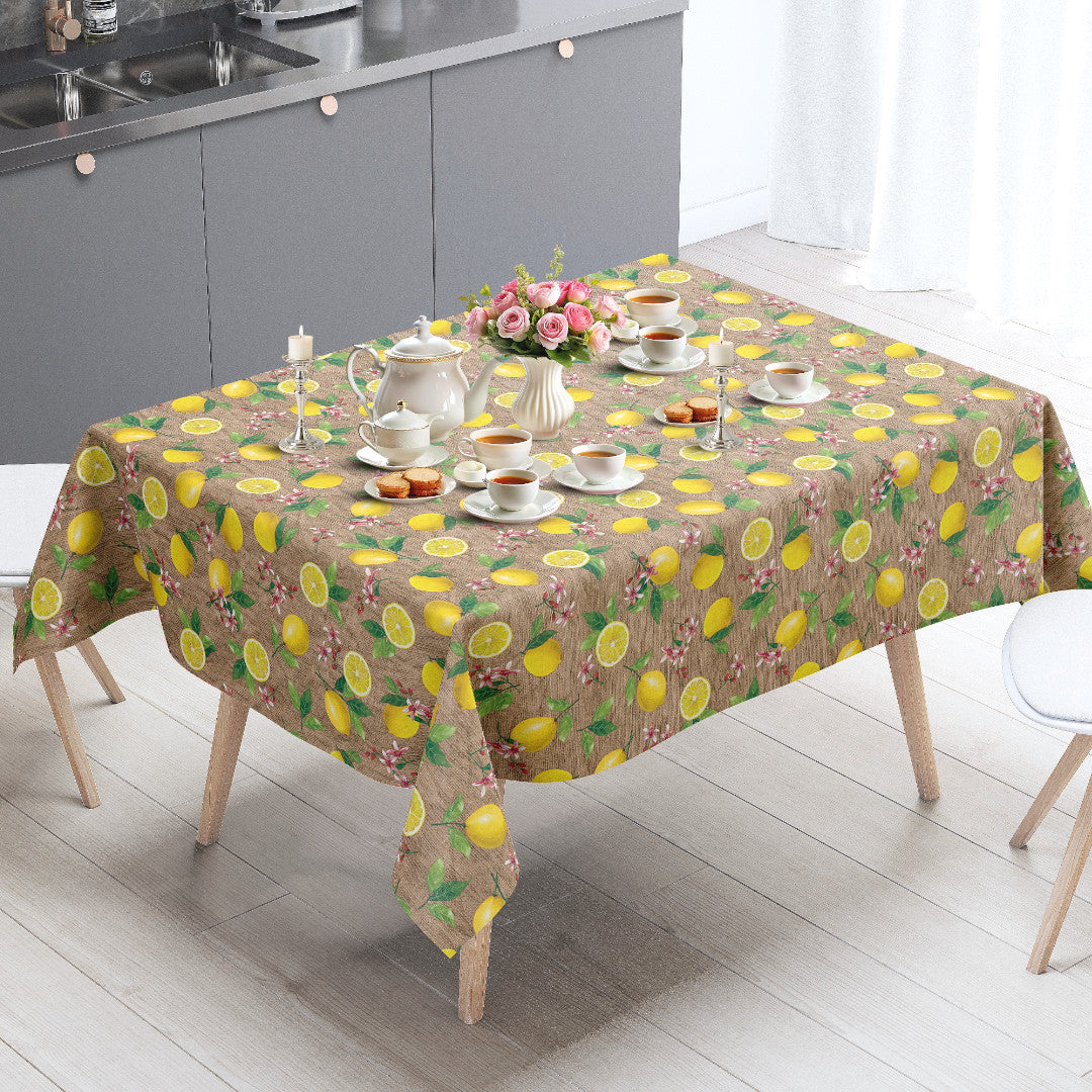 Limonata – Wachstuch Tischdecke in Beige mit Zitronen und Juteoptik, Ambiente