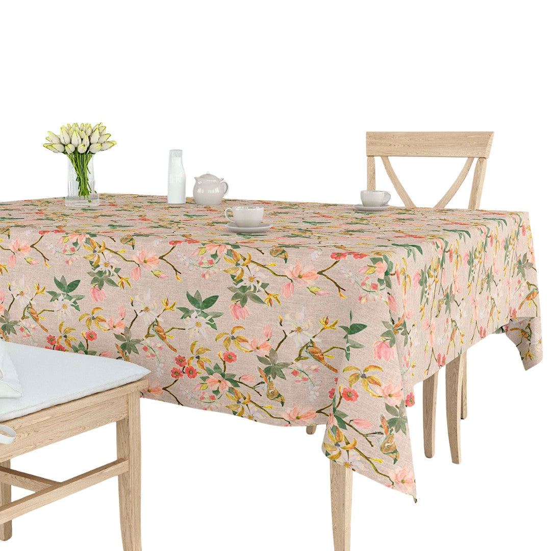 Forårsgren – Abwaschbare Tischdecke in Leinenoptik mit Blumen und Vögeln, 160 cm breit