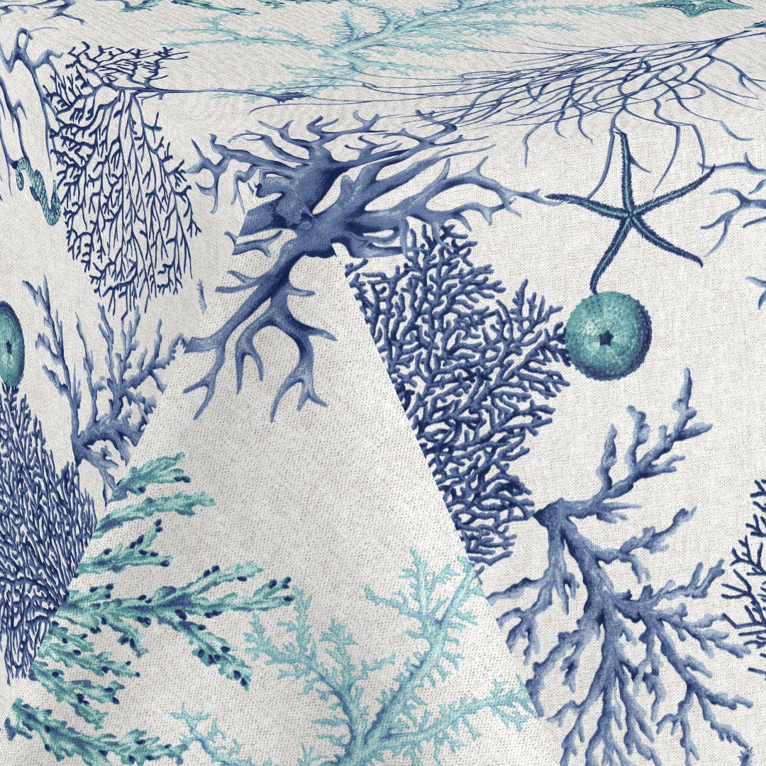 Lino Mare – Abwaschbare Tischdecke mit maritimem Korallenmotiv in Leinenoptik, Ecke