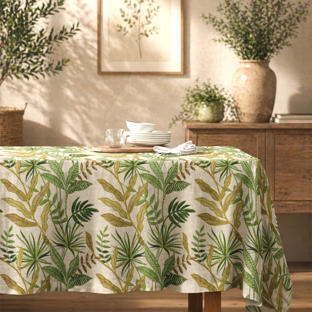 Lino Verdea – Abwaschbare Tischdecke mit botanischem Muster, 160 cm breit, Ambiente 2