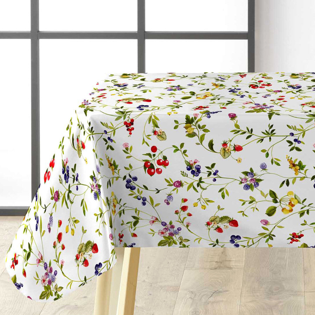 Lydia Sommerbær - Wachstuch Tischdecke mit wilden Beeren und Blumen in fröhlichen Farben, Ecke