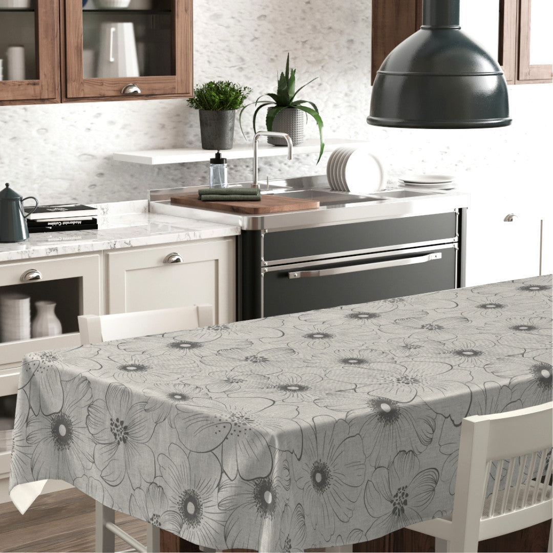 Mare Grau – Wachstuch Tischdecke mit Blumenprint und Leinenoptik, Ambiente