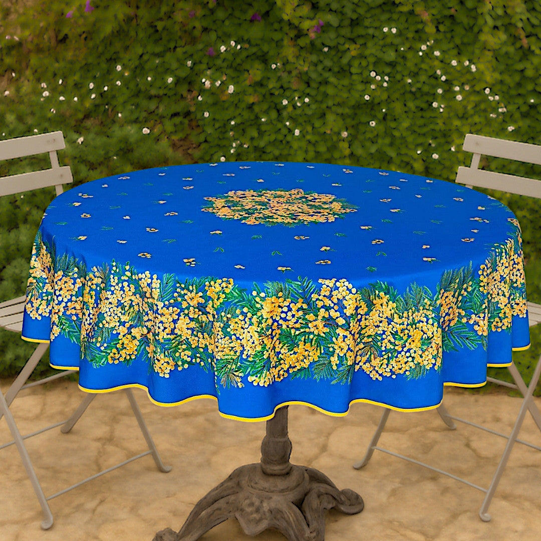 Mimosa Blau – Runde acrylbeschichtete Provence-Tischdecke Ø 180 cm