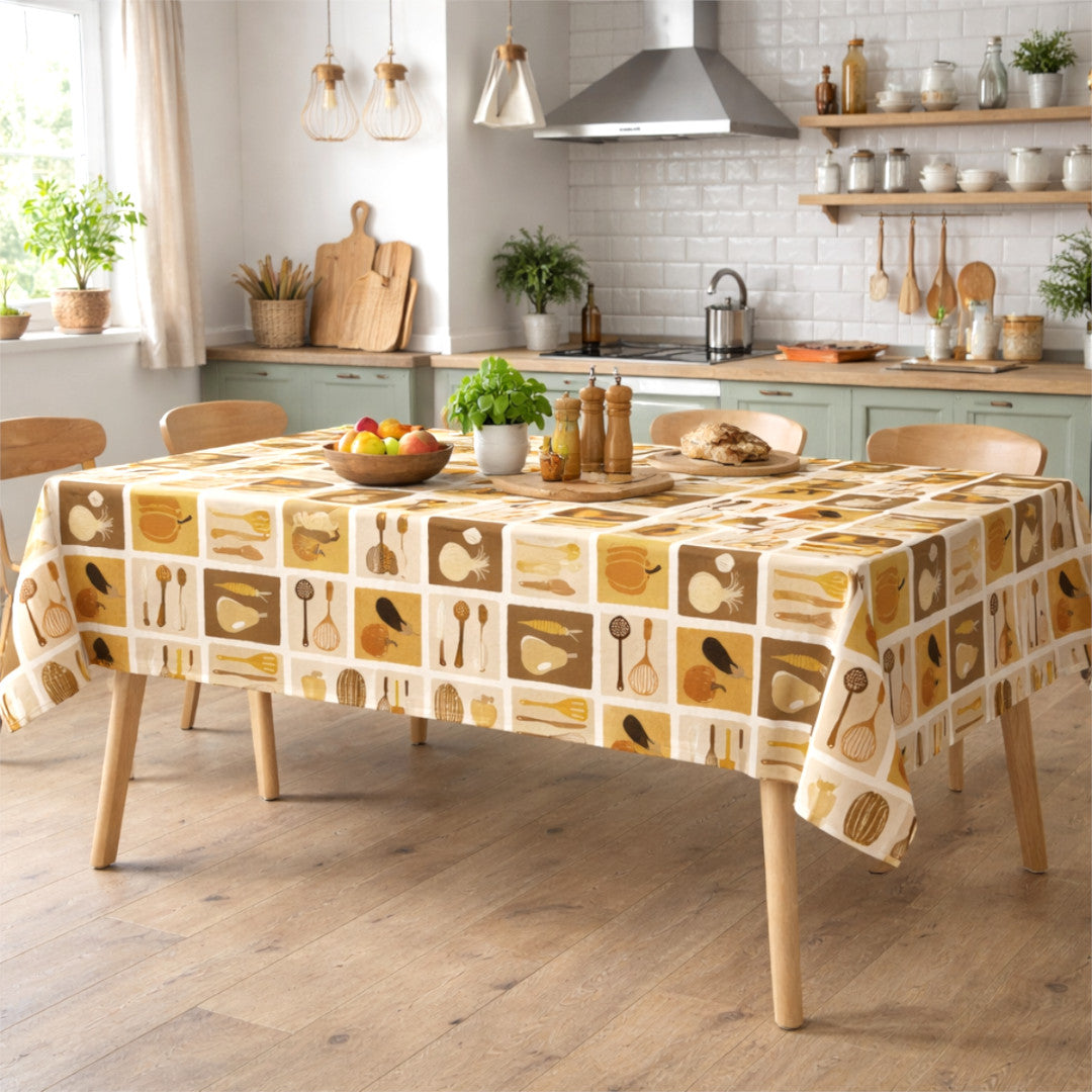 Minestrone Caramel – Wachstuch Tischdecke mit warmen Küchenmotiven, Ambiente