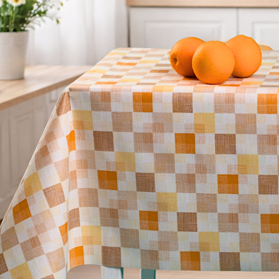Mosaic Apricot – Karierte Wachstuch Tischdecke mit Textiloptik, Ecke