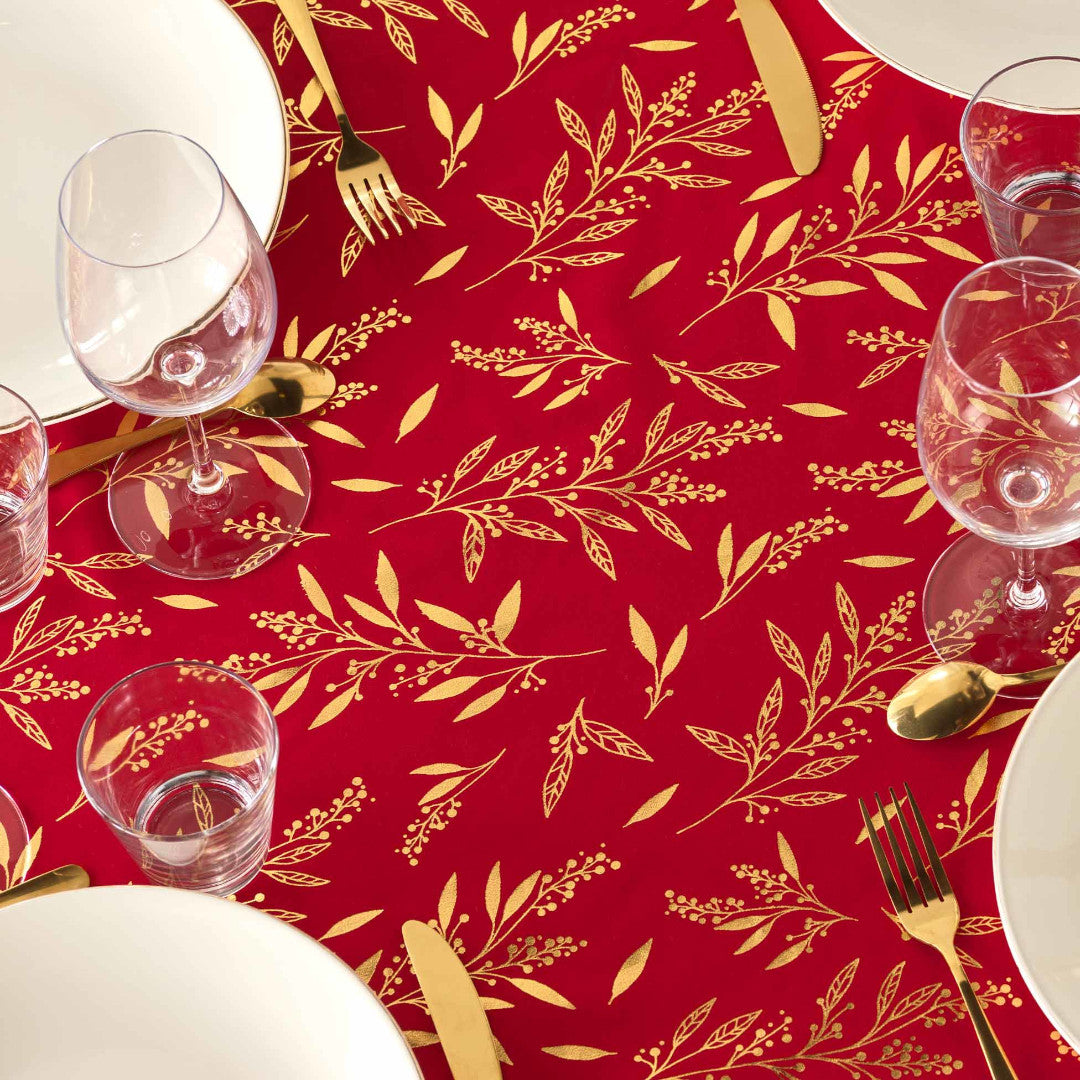 Naelle Rot/Gold - Weihnachtstischdecke mit goldenen Blättern, 140 x 240 cm, Nahaufnahme