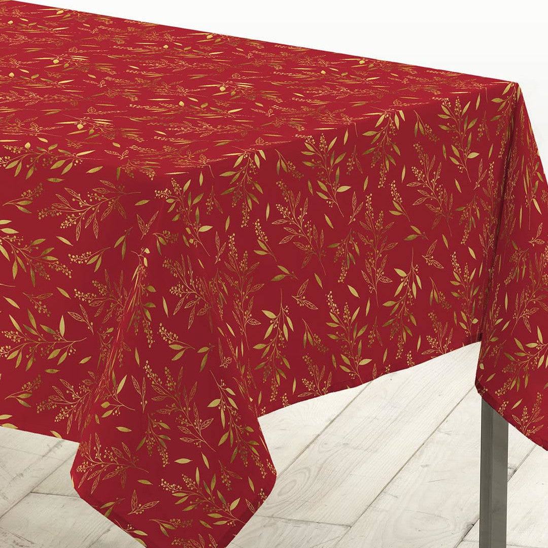 Naelle Rot/Gold - Weihnachtstischdecke mit goldenen Blättern, 140 x 240 cm, Ecke
