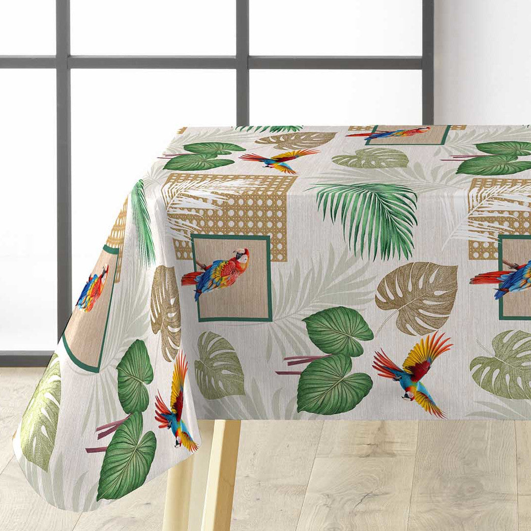 Natis – tropische Wachstuch Tischdecke mit Papageien und Palmblättern, Ecke