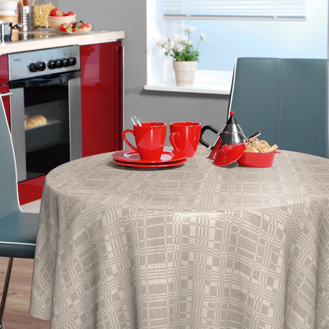 Nordfavn Adamascado Positivo Beige – Runde Wachstuch-Tischdecke mit Damastmuster